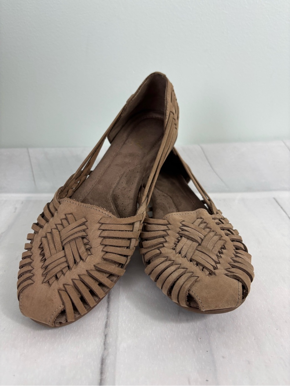 Natural Soul Grandeur Huarache Shoes Tan Woven Leather Sz 7-7.5